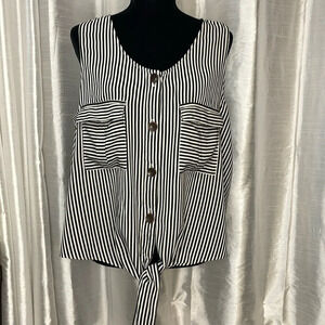 a.n.a Women’s XXL Black White Striped Sleeveless Button Down Tie Front Blouse